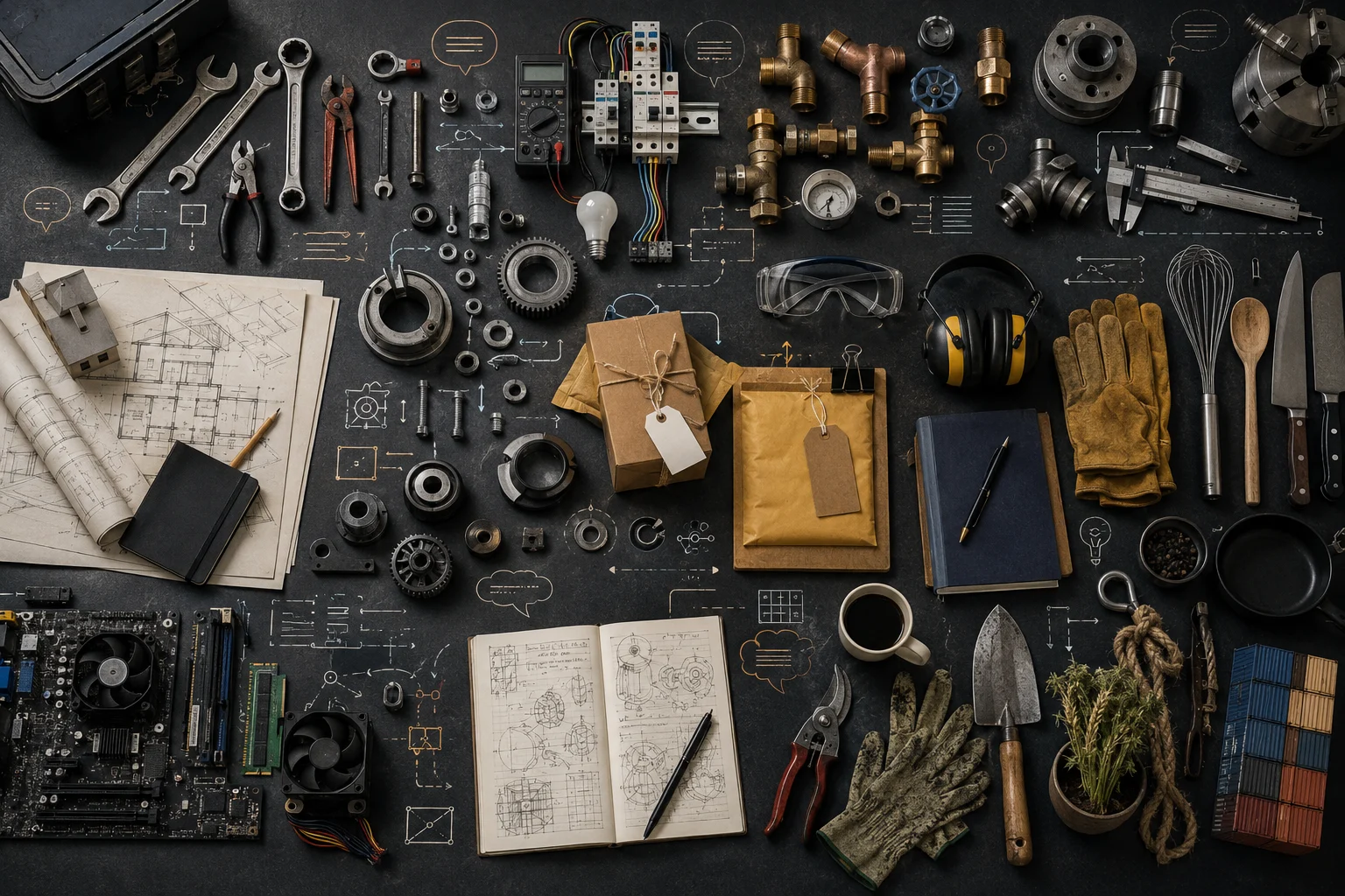 A workbench combining tools and objects from many trades and industries